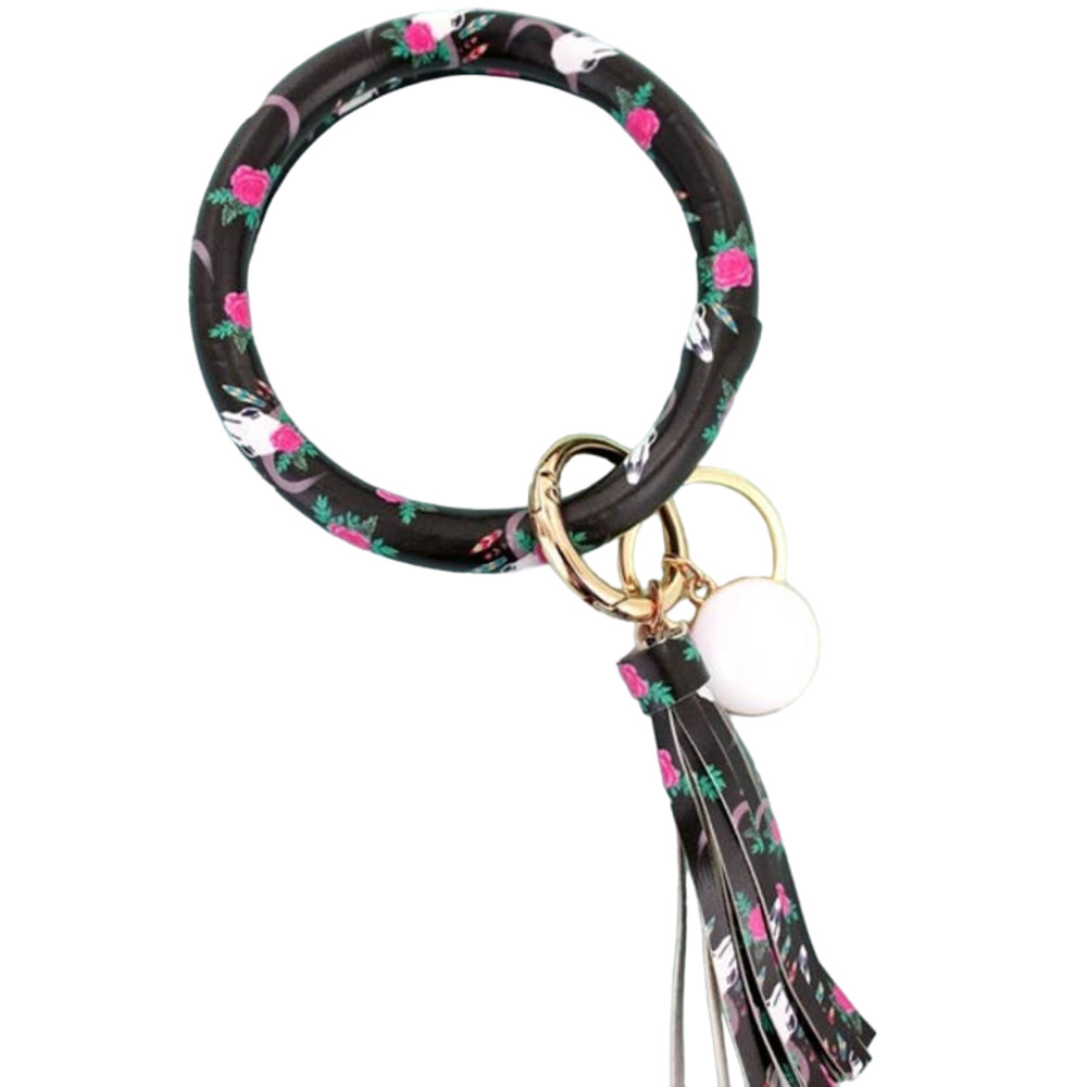 Black Vegan Leather Tassel Bangle Keychain with Red‎ Roses/Steer Skulls~~NWOT